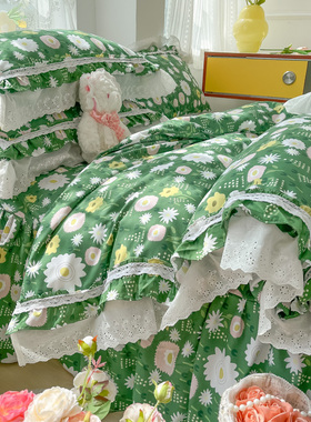 田园小碎花春夏小清新床裙四件套法式蕾丝花边床罩V绿色水洗棉床