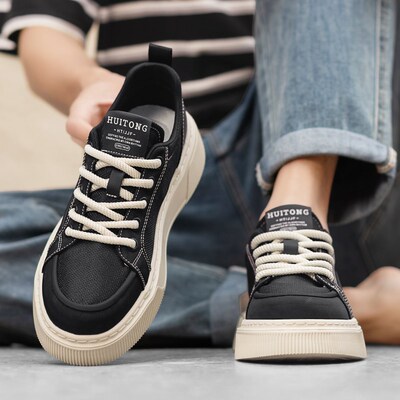 白底黑面男鞋夏季透气薄款休闲布鞋男款厚底板鞋帆布网面鞋子