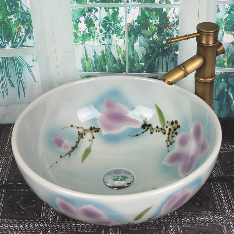 卫生间陶瓷中式手绘洗手盆台上盆洗脸盆艺术洗漱面池单盆家用圆形
