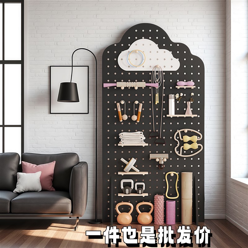 实木洞洞板定制入户免打孔玄关木质展示收纳云朵挂衣架穿衣镜一体