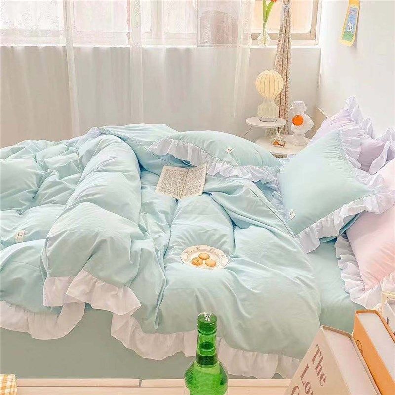 网红纯色水洗棉1.8四件套公主风精梳棉少女心床单被套ins风床品