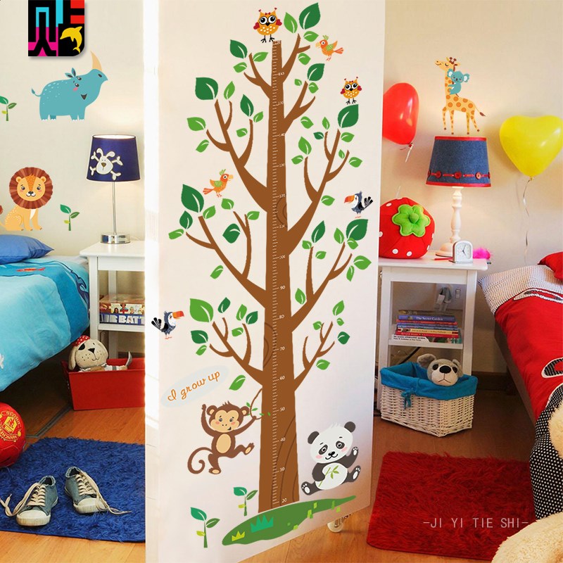 婴幼儿乐园走廊墙背景装饰卡通贴画纸儿童房森林可爱动物身高墙贴图片