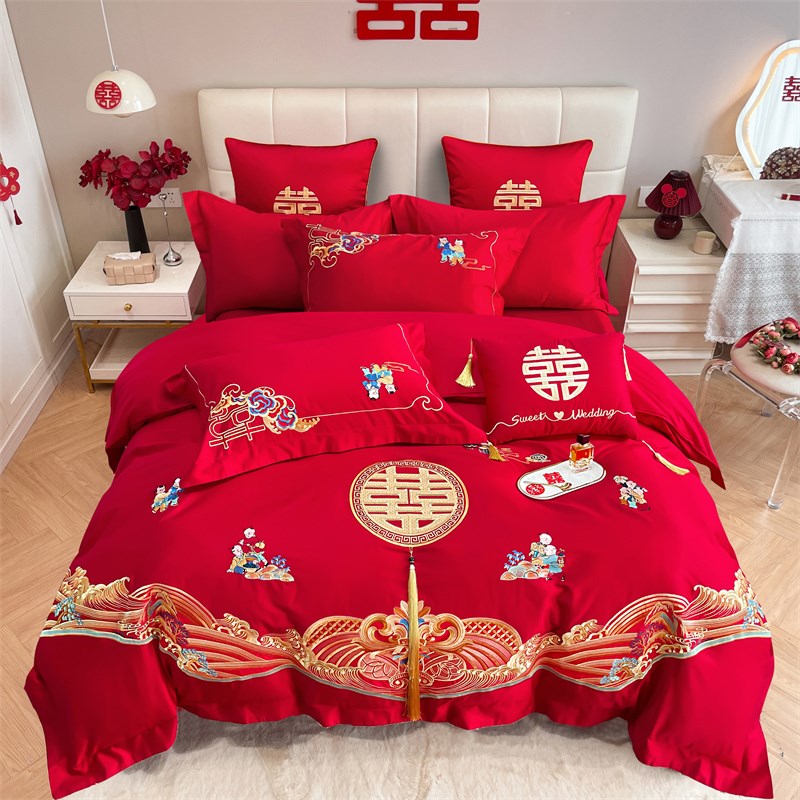结婚四件套婚庆床上用品全棉纯棉2025新款磨毛大红色床单喜被陪嫁