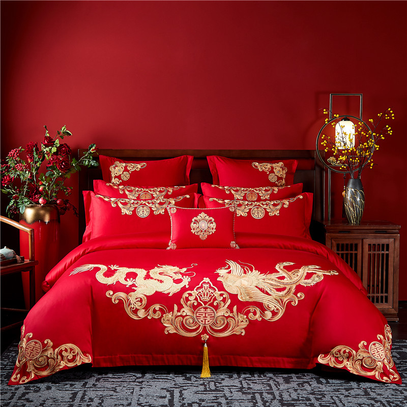高档中式百子图刺绣婚庆四件套红色龙凤被套床单喜被结婚床上用品