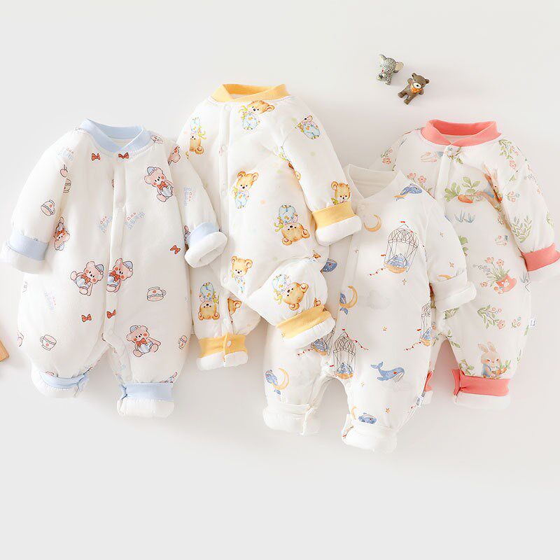 新生儿冬季婴儿连体棉袄120g加厚夹棉棉服0-12个月宝宝卡通棉衣