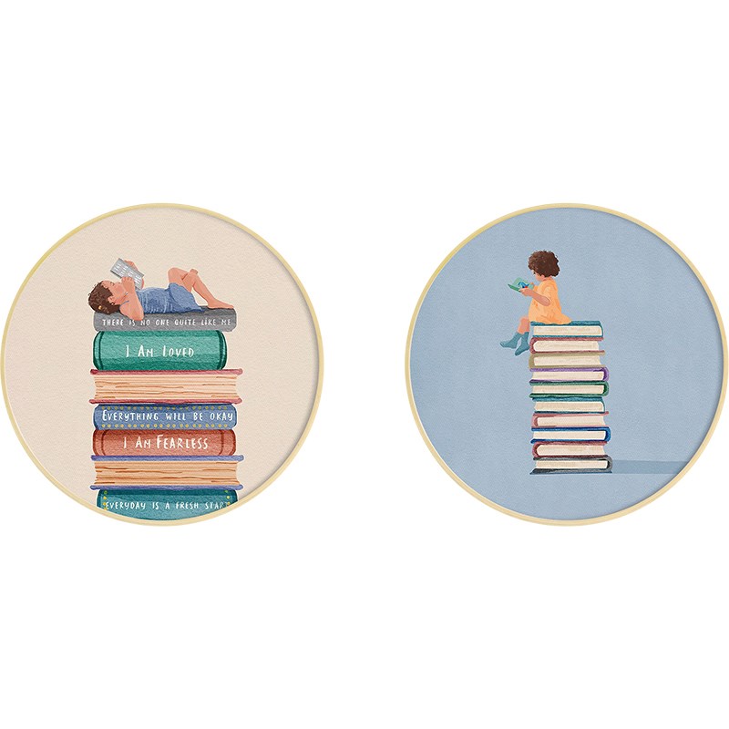 阅读 可爱卡通儿童房装饰画男女孩卧室圆形画阅览室书房看书挂画