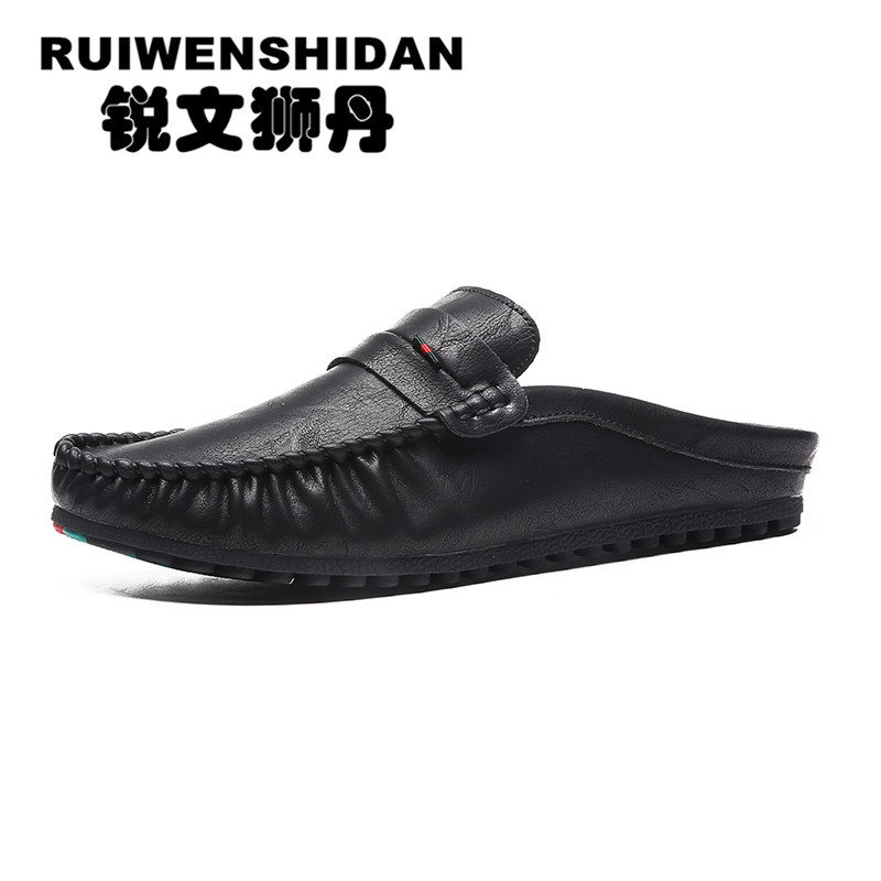 夏季包头半拖鞋男士皮鞋休闲懒人豆豆无后跟鞋夏天韩版潮流凉鞋子