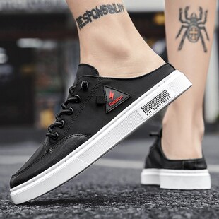 夏天透气一脚蹬懒人半拖鞋 帆布鞋 潮休闲小白板鞋 2021年新款 男秋季