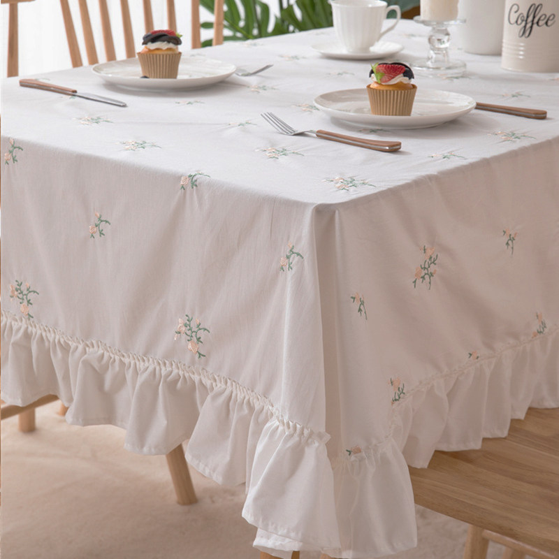 清新铃兰花朵餐桌布艺白底绣花裙摆边褶皱荷叶木耳边茶几圆桌台布