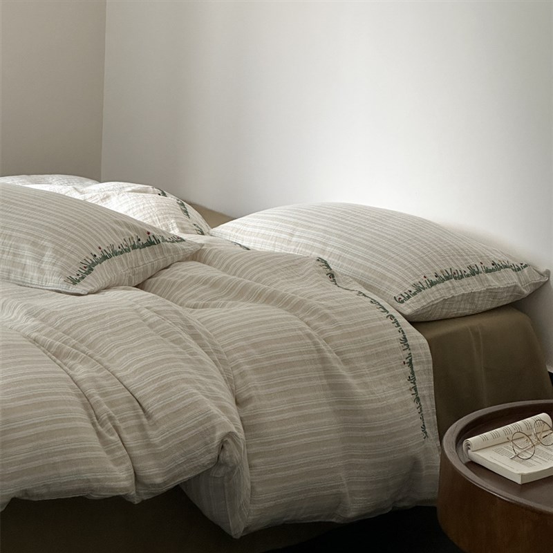 小清新刺绣全棉双层纱四件套柔软可裸睡纱布床单被套床上用品