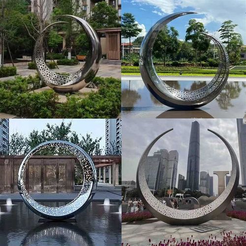 不锈钢圆环雕塑户外镜面发光半圆镂空月亮地标水景双圆环摆件定制