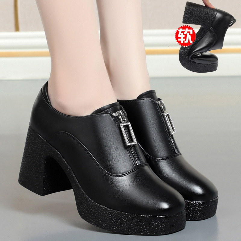 春季女式高跟鞋女粗跟厚底圆头深口单鞋女时装走秀皮鞋时尚妈妈鞋,女鞋,深口单鞋,淘宝优惠券,粉丝福利购,淘宝优惠卷