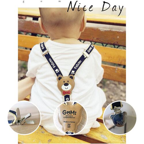 gomi儿童背带夹小孩宝宝三夹松紧卡通吊裤P带厚棉裤可调节防划伤