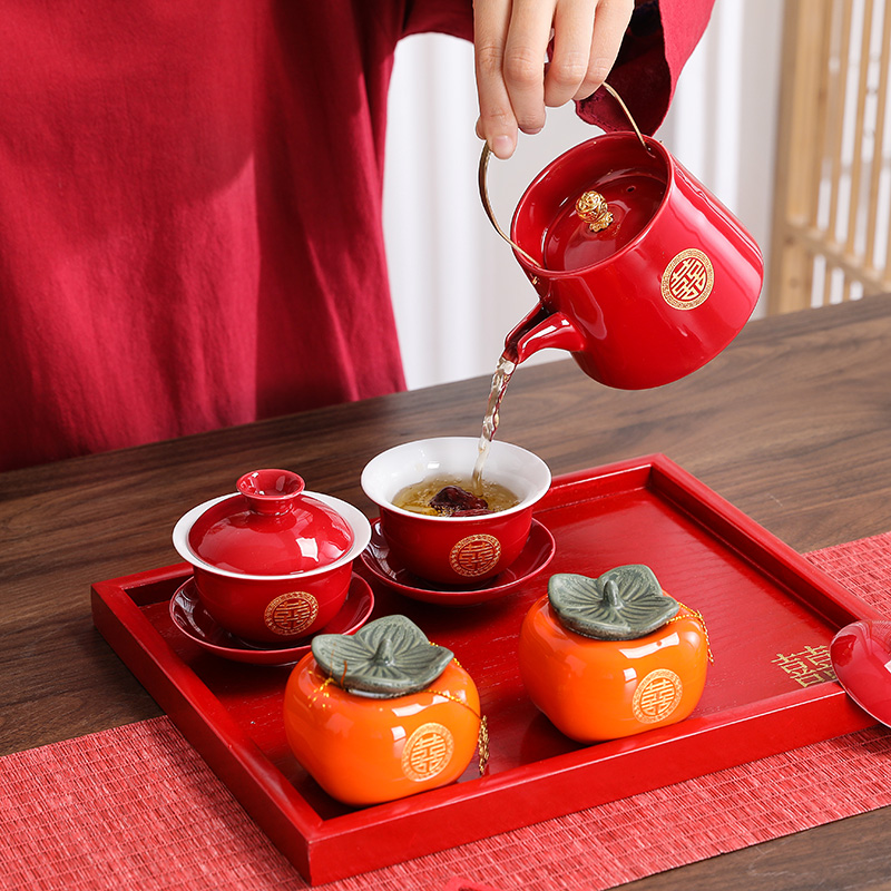 新人改口敬茶杯中式陶瓷红色茶具套装结婚礼物送闺蜜新娘陪嫁喜事