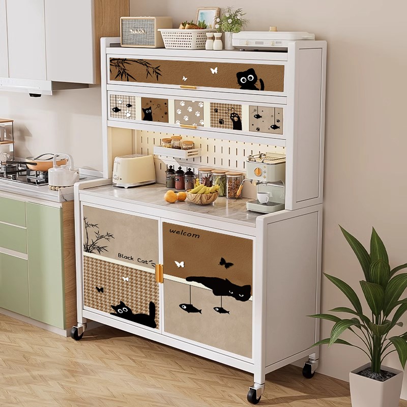 厨房置物架多功能落地带门靠墙家用收纳柜岩板餐边柜奶油风可移动