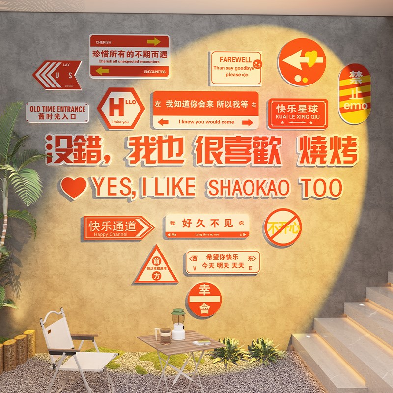 网红工业风烧烤肉火锅店墙面装饰品拍照区布置打卡背景墙贴纸壁画图片