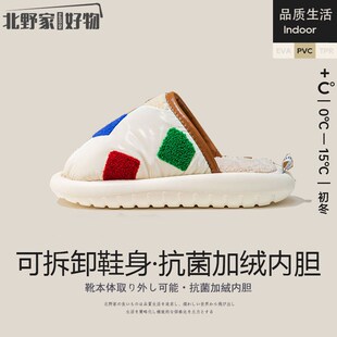 可拆卸棉拖鞋 抗菌室内家居厚底H防滑情侣家用毛绒保暖棉拖 女冬季