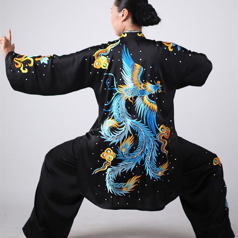 马蕾太极新款太极拳表演服男女团队中长款刺绣太极服刺绣凤鸣朝阳