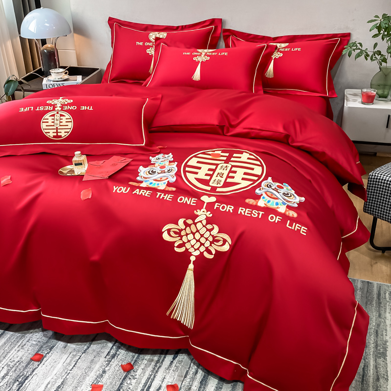 高档奢华全棉婚庆四件组新婚大红色刺绣被套床单纯棉结婚床上用品