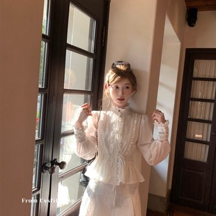 半裙气质套装 刺绣蕾丝工艺纯棉宫廷衬衫 女 布蕾甜茶 迟伞伞