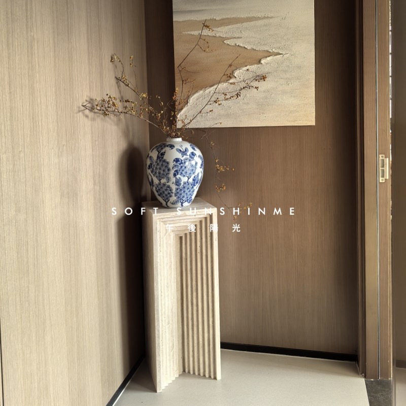 侘寂风天然黄洞大理石槽纹落地雕塑装饰摆件底座墩展示台立柱桌子