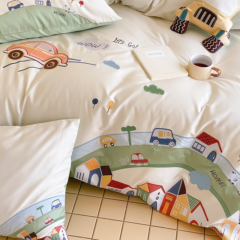 ins可爱卡通风120支澳棉四件套纯棉贴布绣棉被套床单儿童床上用品