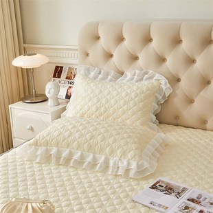 纯色A类水洗棉夹棉绗缝枕套一对装 单人48x74cm公主风花边枕芯套子