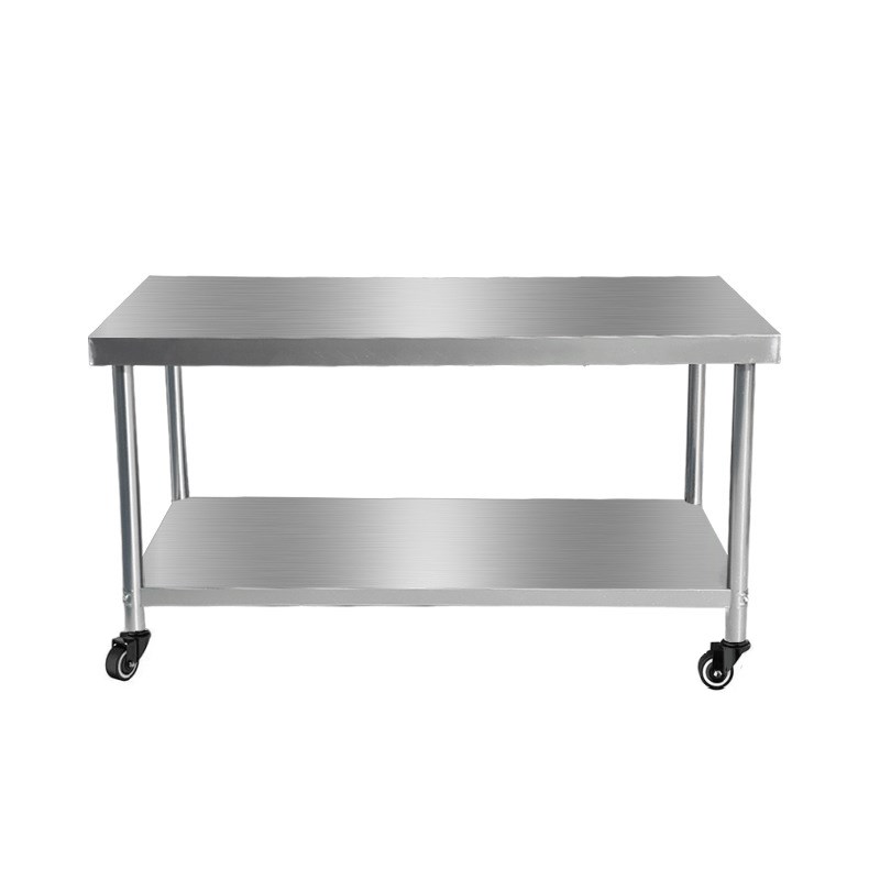 加厚不锈钢移动工作台带轮厨房置物架双层微波炉架收纳桌餐具烤箱