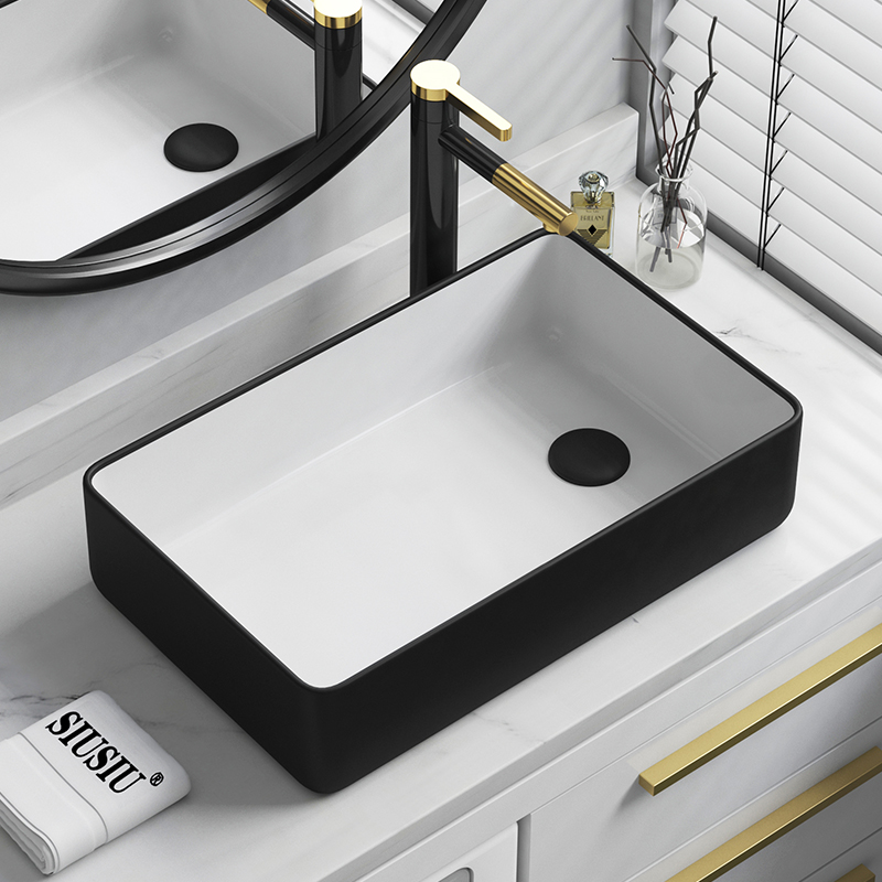 偏孔侧边下水台上盆洗衣机柜上洗手盆偏口排水黑色长方形洗漱脸盆