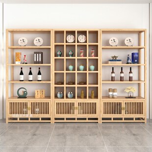白蜡木展示架茶叶柜中式博古架带灯J茶具店置物架实木格子柜