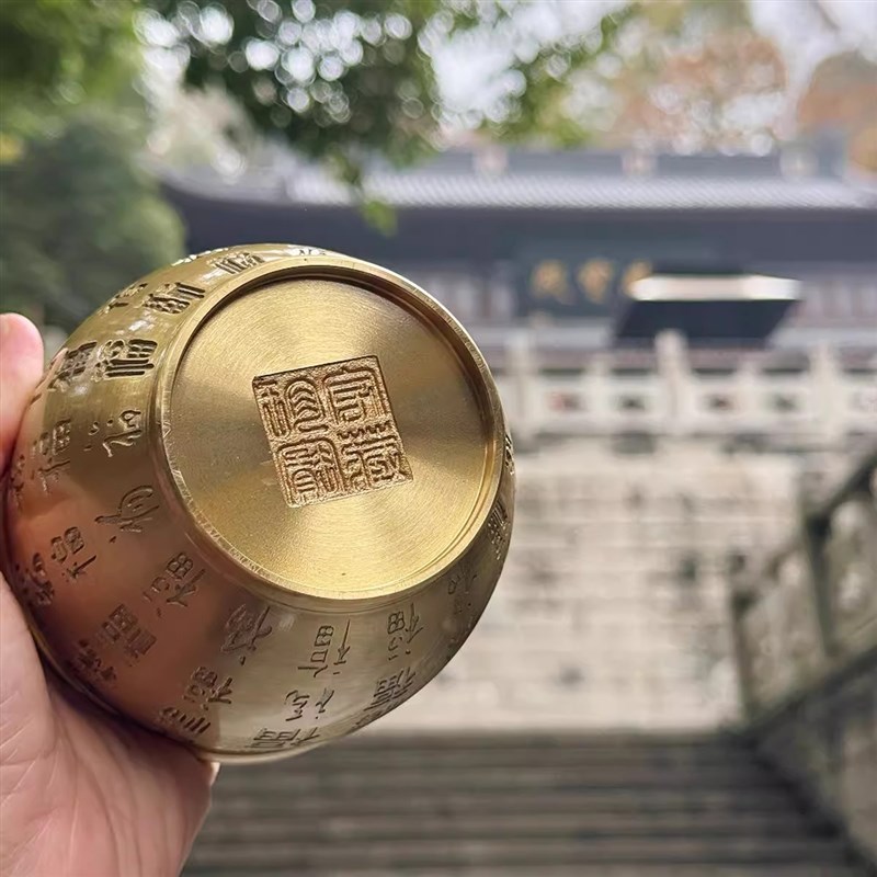 杭州灵隐百福聚宝盆黄铜米缸摆件办公室客厅开业招财进宝装寺饰品