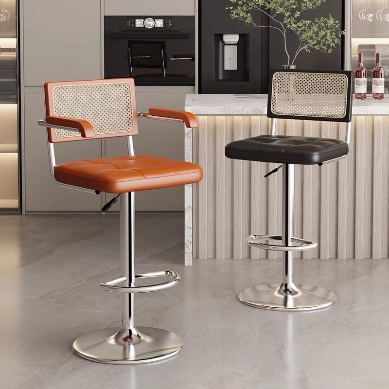 中古风升降吧台椅子靠背简约家用藤编高脚凳塑料酒V吧椅轻奢前台