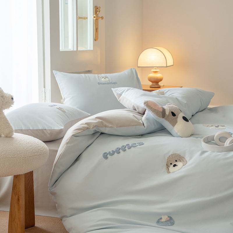 小清新卡通小狗全棉磨毛四件套100S纯棉毛巾绣被套加厚床上用品