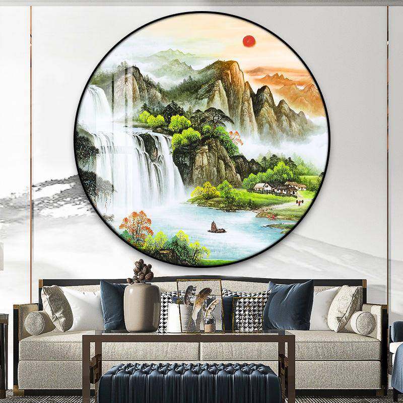 圆形关装饰画新中式山水画入户对门挂画中道国风走正MH13廊过墙玄