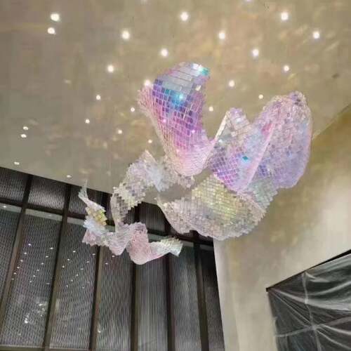 轻奢酒店大堂前台售楼部沙盘吊灯别墅挑空客厅楼梯灯水晶飘带灯具