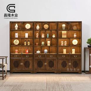 0老榆新中式实木茶书柜ONF酒柜带灯玻璃门书架博古架木置物A架室