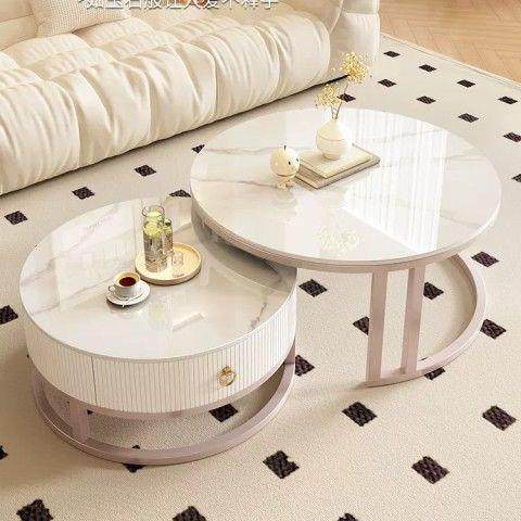 奶油风茶客无品牌/厅家用轻奢现简约岩代板几茶桌小型网红圆形户