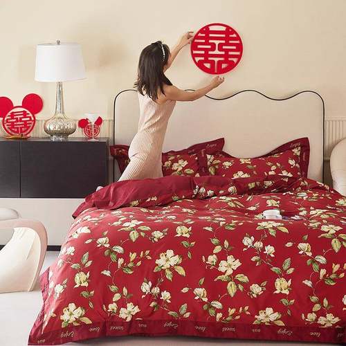 庆xyt现代古典F588MMT元素60婚支贡缎长绒棉喜红色结婚四件套百子