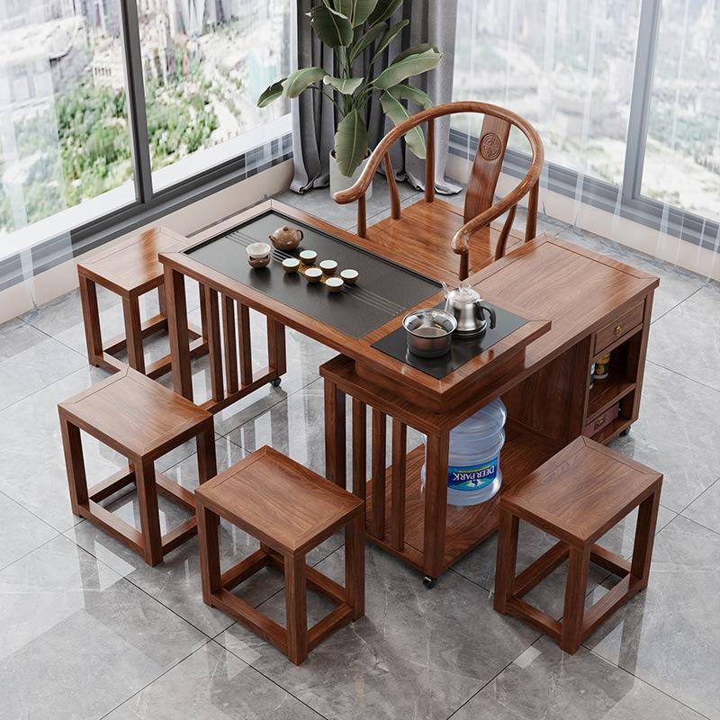 实木茶桌旋转式台台小户型移1茶动米1.2米桌椅组合AUD橡阳胶木带