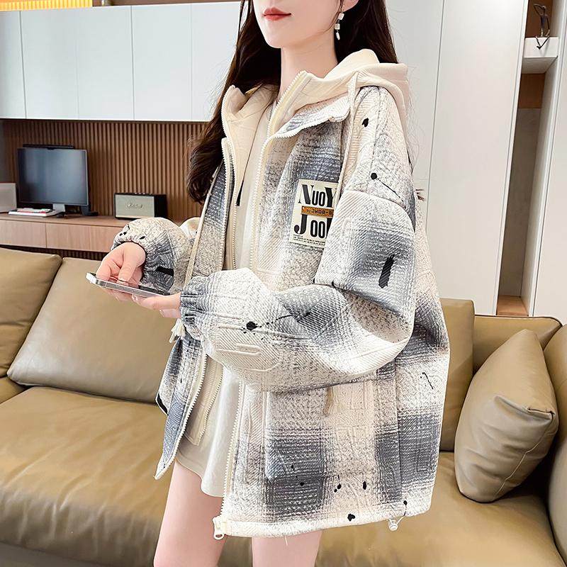 港风复古假两件棒球服外套女春秋初中高中学生设计感格子工装夹克