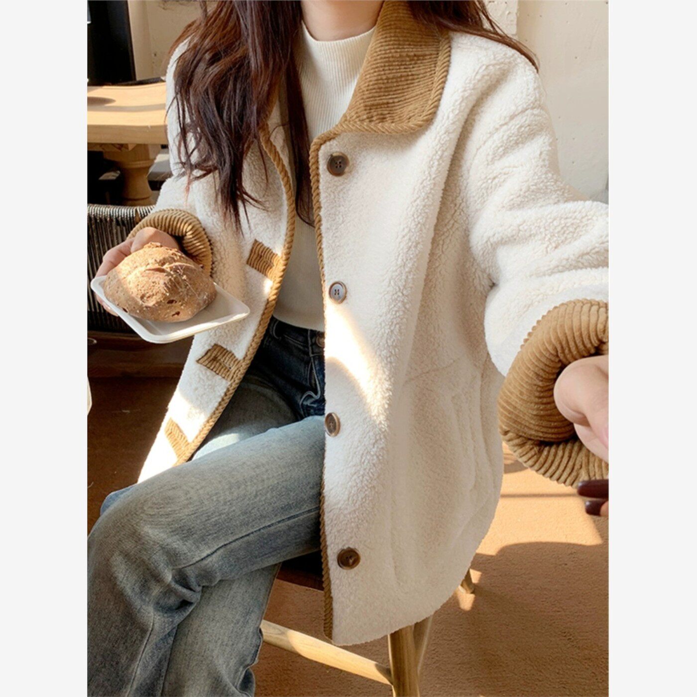 大码女秋冬季新款小香风羊羔毛外套胖mm高级感加厚灯芯绒拼接上衣