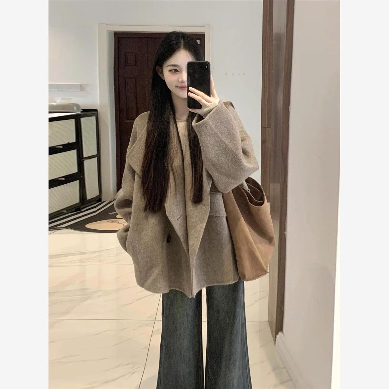 咖色双面羊绒毛呢子大衣