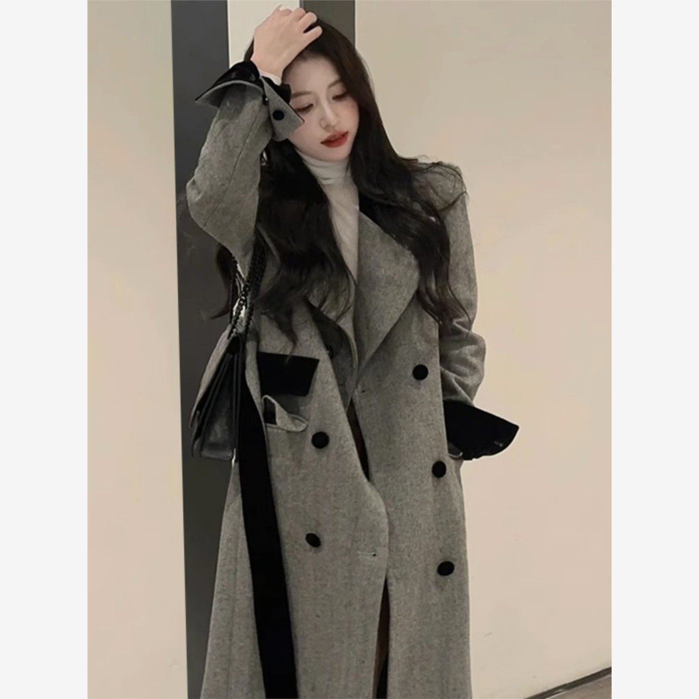 加厚灰色长款呢子大衣女秋冬高级感小个子韩系赫本风西装毛呢外套