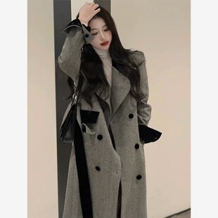 加厚灰色长款呢子大衣女秋冬高级感小个子韩系赫本风西装毛呢外套