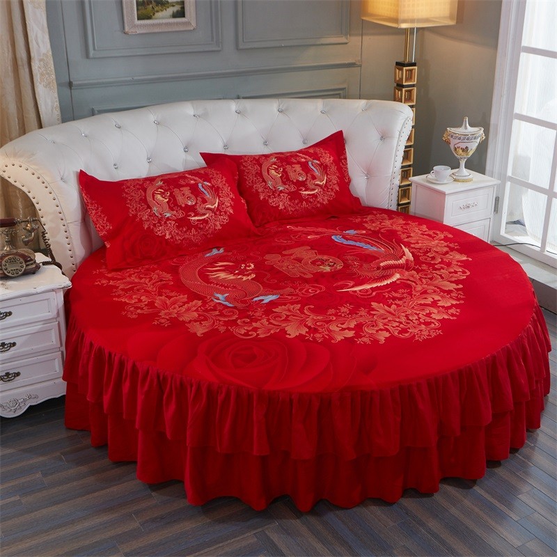 全棉加厚磨毛四件套2米圆床上用品套件大红L结婚4套件防滑圆形床