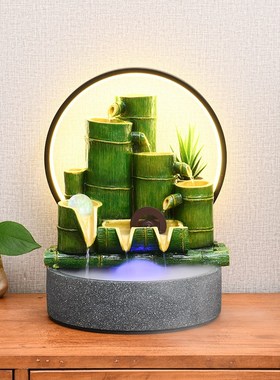 竹子流水器摆件循环养鱼喷泉水轮桌上客厅办公室竹筒开 业送