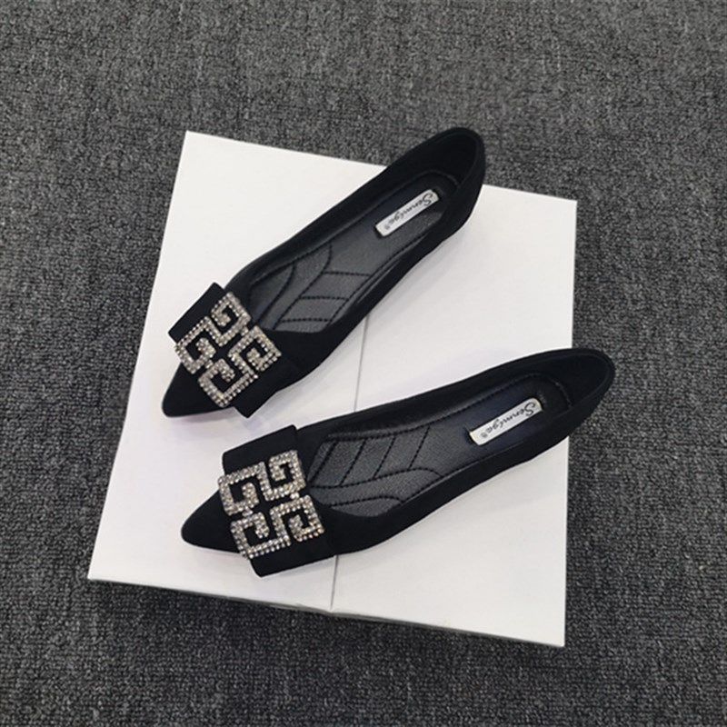 尖头单鞋女钻饰浅口软底豆豆鞋潮2024新款鞋子秋季平底仙女淑女鞋