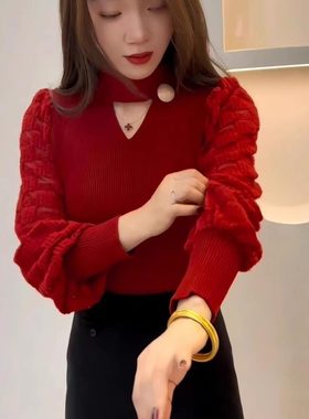 蕾丝拼接半高领打l底衫女秋季202新款紧身挂脖镂空气质高级感毛衣