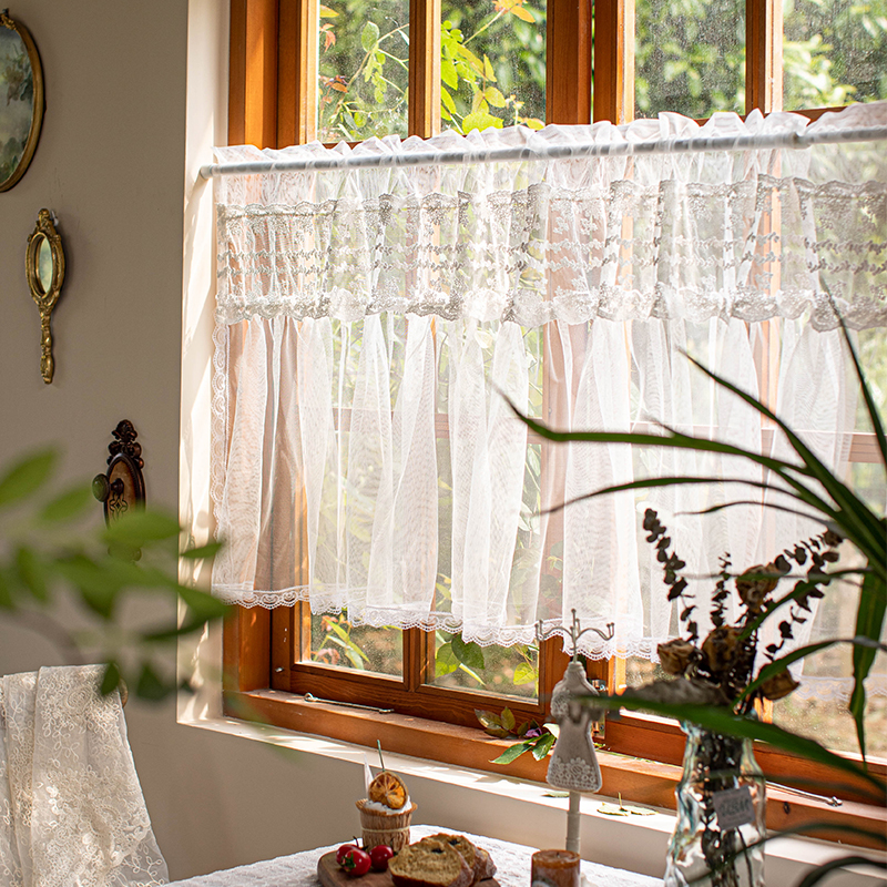 白色蕾丝窗纱帘小窗户半帘纱帘厨房隔断门帘免打孔短帘咖啡布艺帘