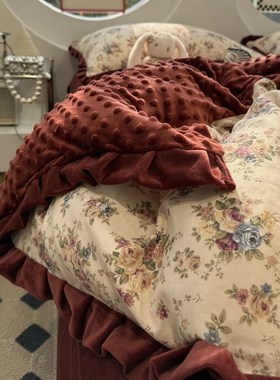 韩式百褶花边少女心双层纱加豆豆绒红色碎花四件套1.5m1.8米全棉